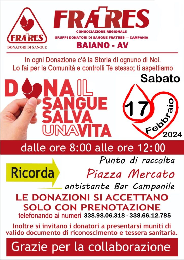 Il Gruppo Donatori Baianese Fratres invita alla donazione di Sangue a Baiano il 17 Febbraio