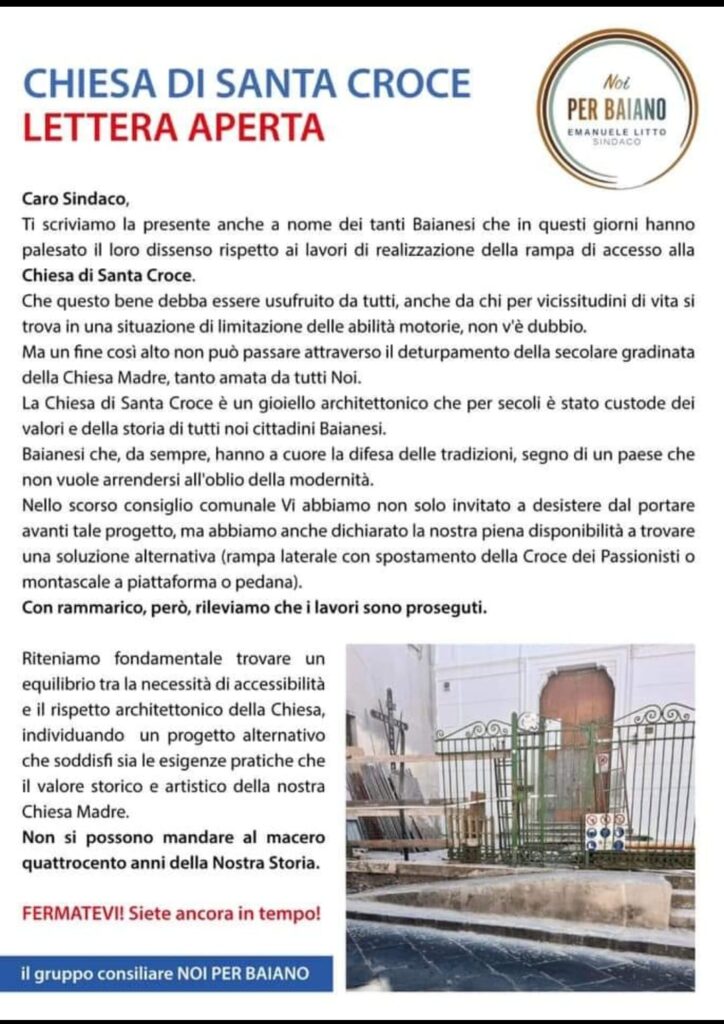 Appello dei cittadini di Baiano al Sindaco: Fermate i lavori sulla rampa di accesso alla Chiesa di Santa Croce