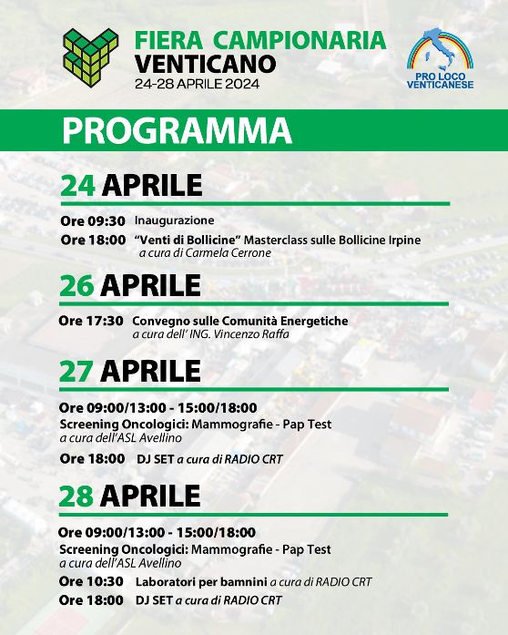 Fiera Campionaria di Venticano si inaugura la 45esima edizione. La cerimonia di apertura mercoledì 24 aprile alle ore 9.30 Fiera Campionaria di Venticano si inaugura la 45esima edizione. La cerimonia di apertura mercoledì 24 aprile alle ore 9.30