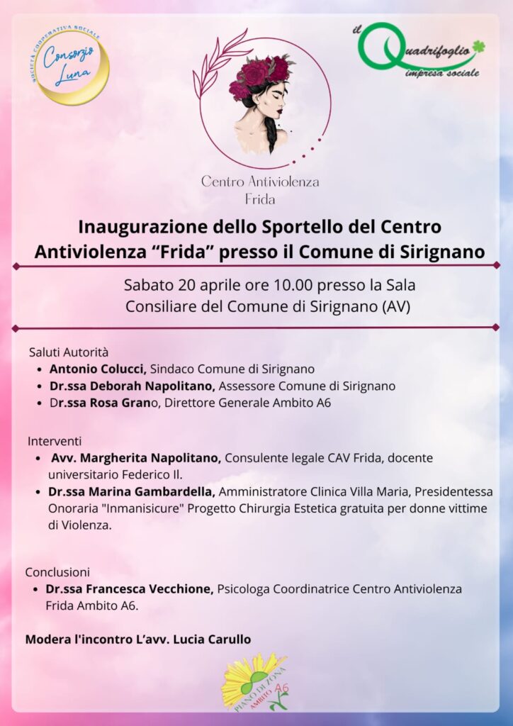 Inaugurazione dello sportello del Centro Antiviolenza Frida a Sirignano: Un passo avanti nella lotta contro la violenza di genere Inaugurazione dello sportello del Centro Antiviolenza Frida a Sirignano: Un passo avanti nella lotta contro la violenza di genere