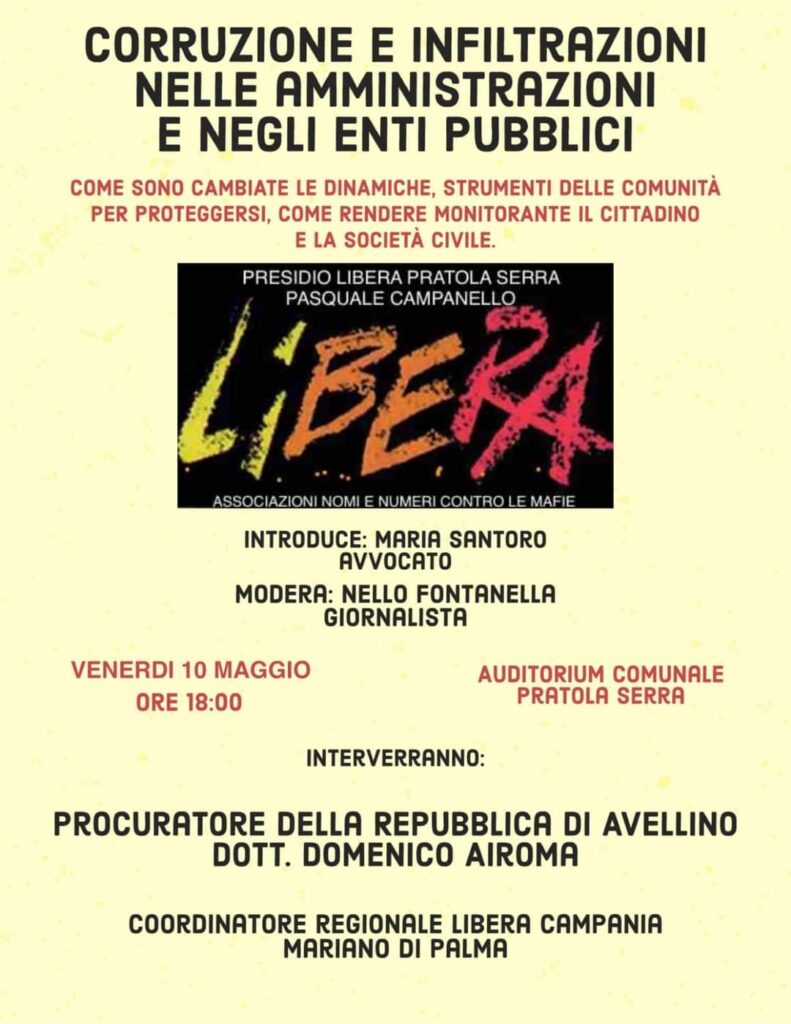 Pratola Serra (AV)  Venerdì 10 maggio incontro con il procuratore Domenico Airoma per discutere di corruzione e infiltrazioni.