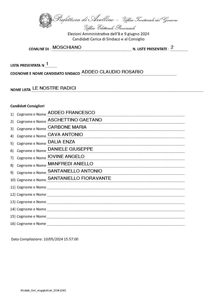 MOSCHIANO (AV). Comunali 2024, è sfida tra lex sindaco Addeo Rosario e Pacia Sergio. Le liste