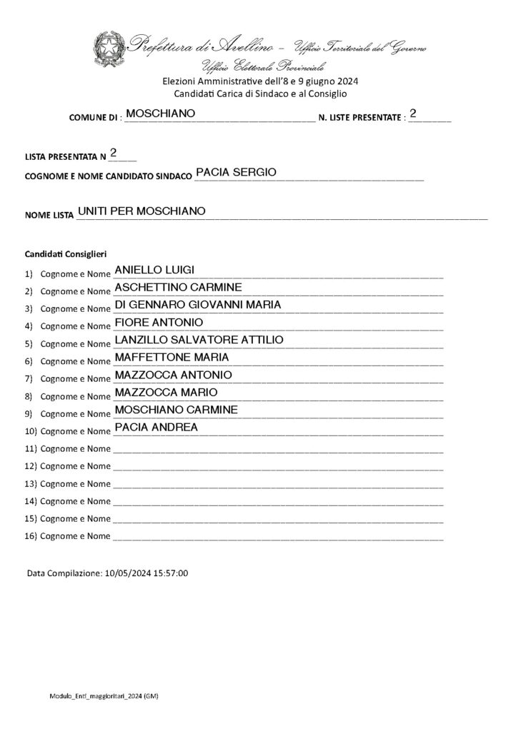 MOSCHIANO (AV). Comunali 2024, è sfida tra lex sindaco Addeo Rosario e Pacia Sergio. Le liste
