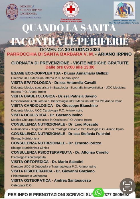 “QUANDO LA SANITA’ INCONTRA LE PERIFERIE” GIORNATA DI PREVENZIONE AD ARIANO “QUANDO LA SANITA’ INCONTRA LE PERIFERIE” GIORNATA DI PREVENZIONE AD ARIANO