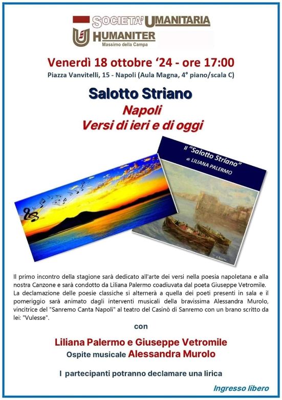 Napoli, il Salotto Striano inaugura il nuovo ciclo di incontri artistici e letterari Napoli, il Salotto Striano inaugura il nuovo ciclo di incontri artistici e letterari
