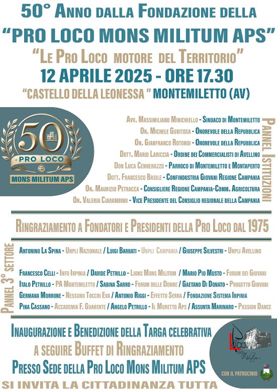 50° Anniversario della Fondazione della Pro Loco Mons Militum APS Montemiletto celebra mezzo secolo di impegno, cultura e identità territoriale
