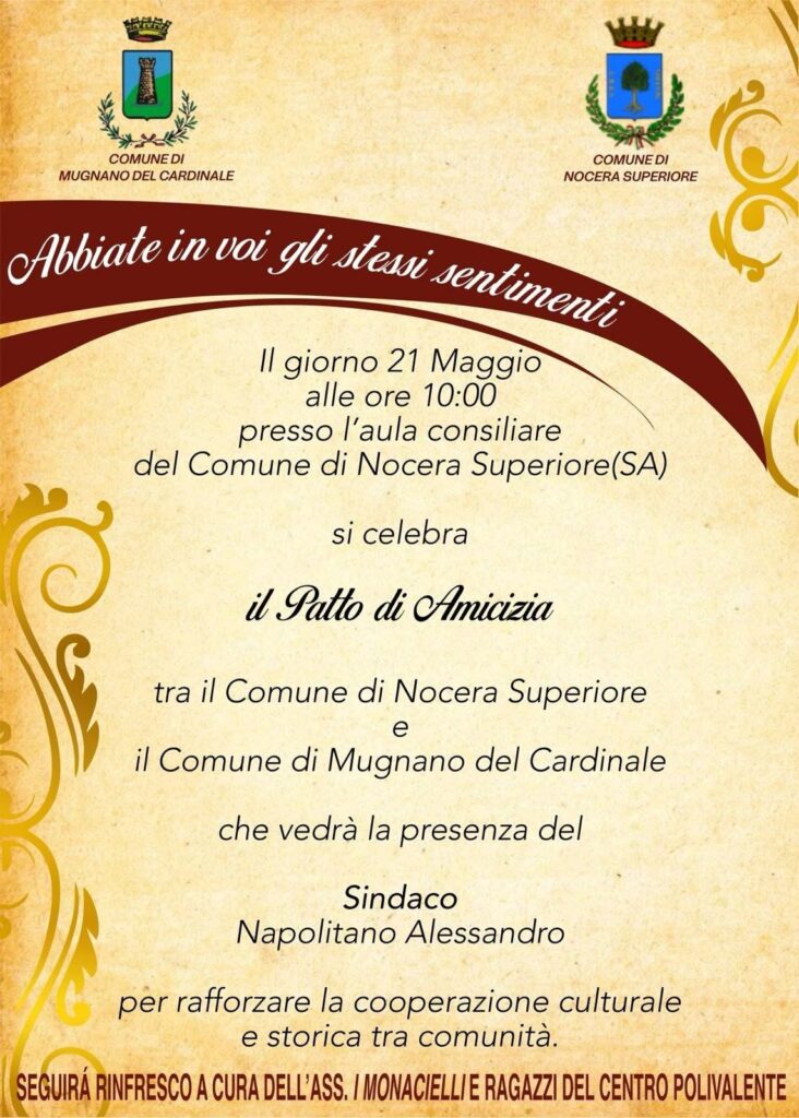 Nocera Superiore e Mugnano del Cardinale firmano un Patto di Amicizia: un ponte tra culture, tradizioni e territori