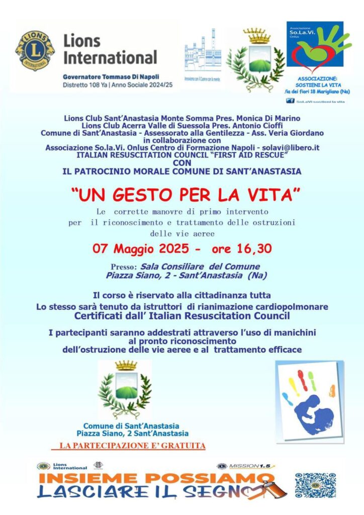 Sant’Anastasia: “Un Gesto per la Vita”   Corso di Primo Intervento il 7 maggio