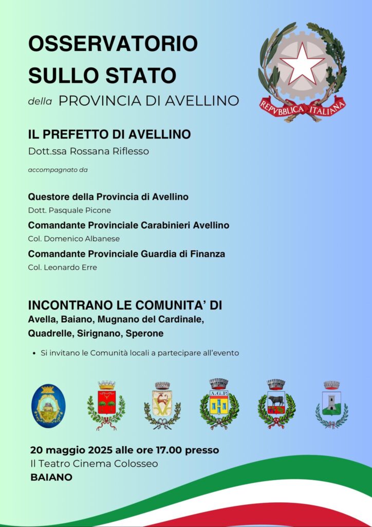 Il Prefetto di Avellino incontra il Mandamento Baianese: lunedì 20 maggio tappa a Baiano per l’Osservatorio sulla Provincia