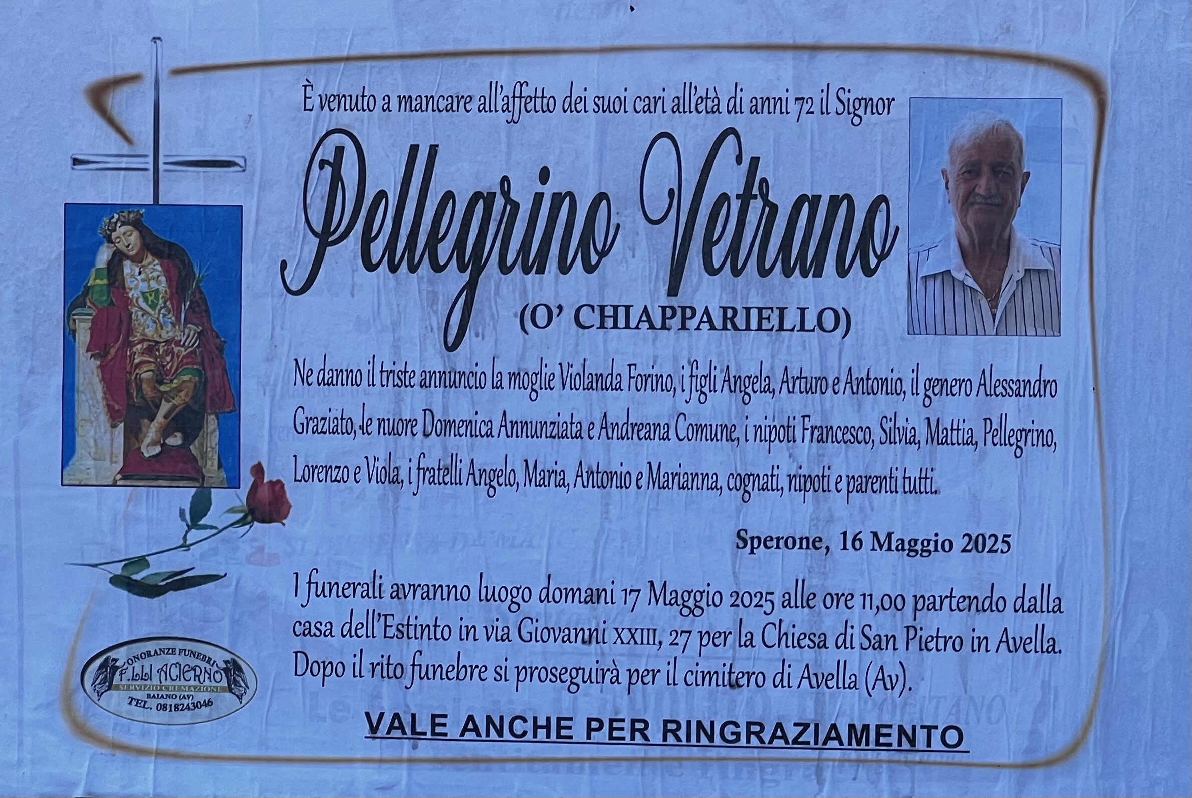 NON È PIU’. Sperone, lutto Pellegrino Vetrano NON È PIU’. Sperone, lutto Pellegrino Vetrano