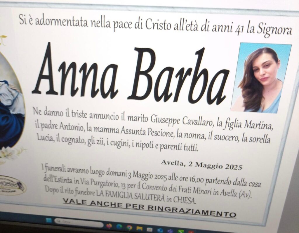 Addio ad Anna Barba, il cordoglio della comunità di Avella