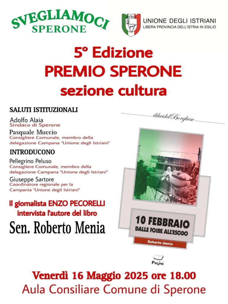 Sperone, al via la 5ª edizione del Premio Sperone – Sezione Cultura: ospite il Sen. Roberto Menia