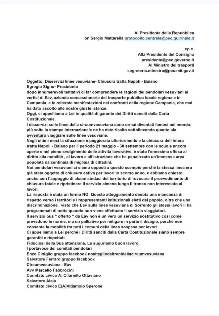Disservizi Circumvesuviana, i pendolari scrivono a Mattarella: Siamo stanchi, ora intervenga lo Stato