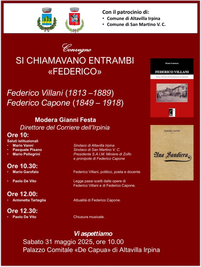 Ad Altavilla Irpina il convegno “Si chiamavano entrambi Federico” Omaggio a Villani e Capone, protagonisti del Risorgimento meridionale. Verso un parco letterario nella Media Valle del Sabato