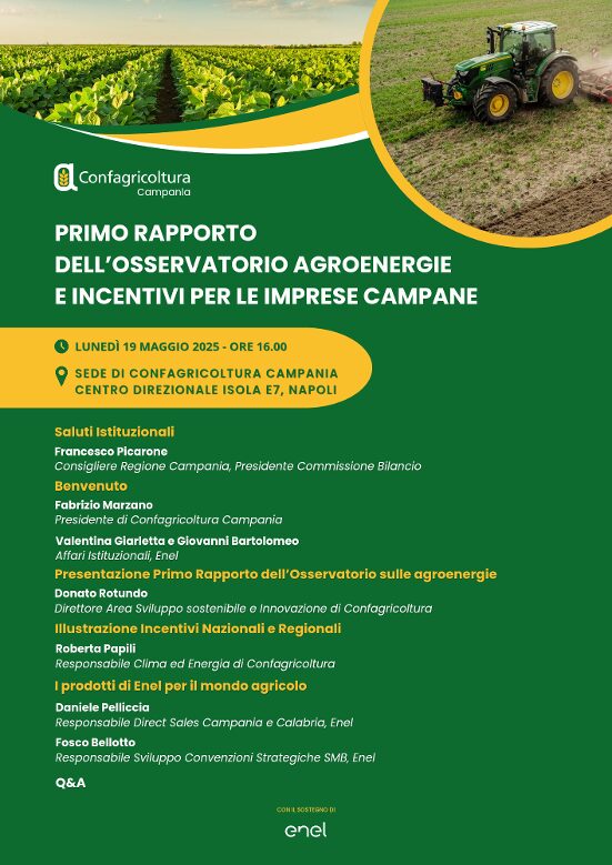 Agricoltura, lunedì 19 maggio (ore 16) a Confagricoltura Campania la presentazione del primo rapporto dell’Osservatorio Agroenergie e Incentivi per le imprese