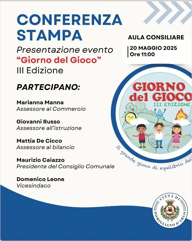 Pomigliano d’Arco presenta la terza edizione del “Giorno del Gioco”: conferenza stampa il 20 maggio in Aula Consiliare