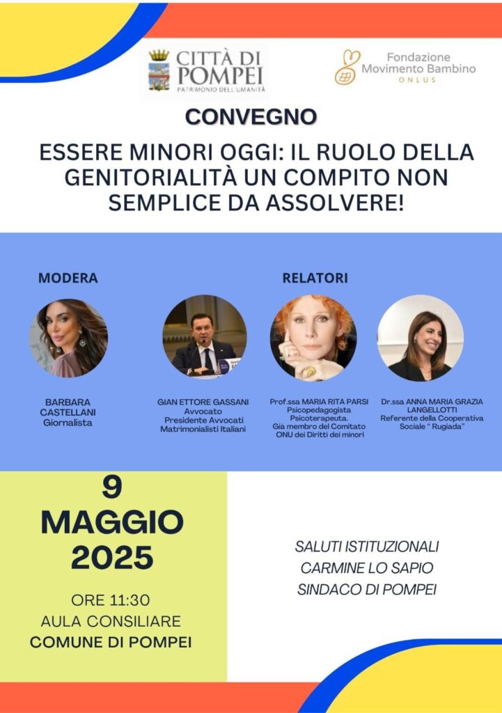 Pompei, il 9 maggio il convegno “Essere minori oggi”: riflettori puntati sul ruolo della genitorialità