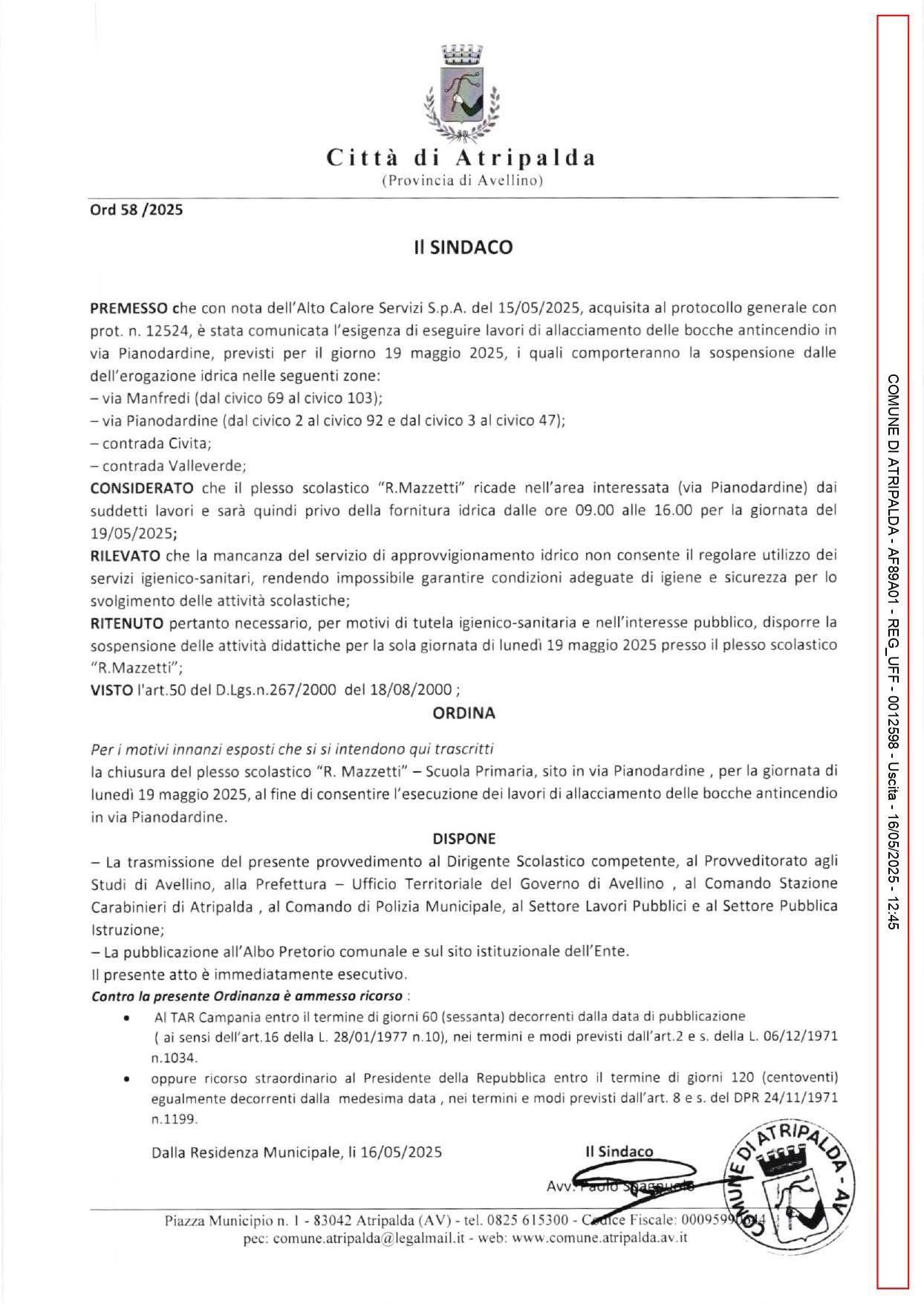 Atripalda, chiuse lunedì 19 maggio le scuole “Pascoli” e “Mazzetti” per lavori alla rete idrica