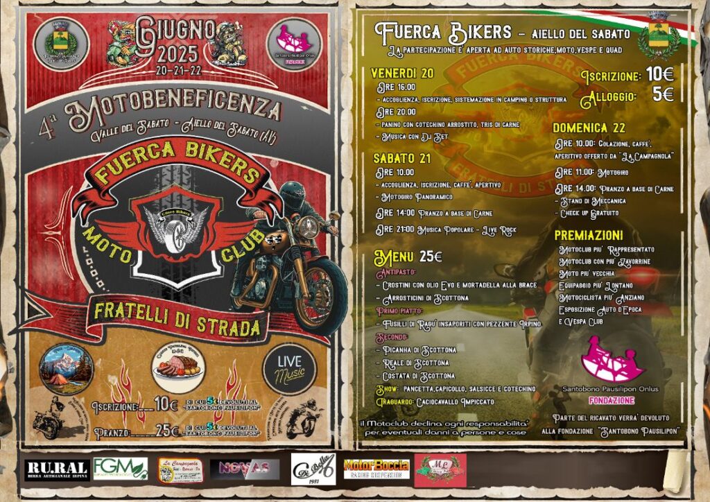 Aiello del Sabato, torna il Motoraduno dei Fuerca Bikers: tre giorni di musica, motori e solidarietà Aiello del Sabato, torna il Motoraduno dei Fuerca Bikers: tre giorni di musica, motori e solidarietà