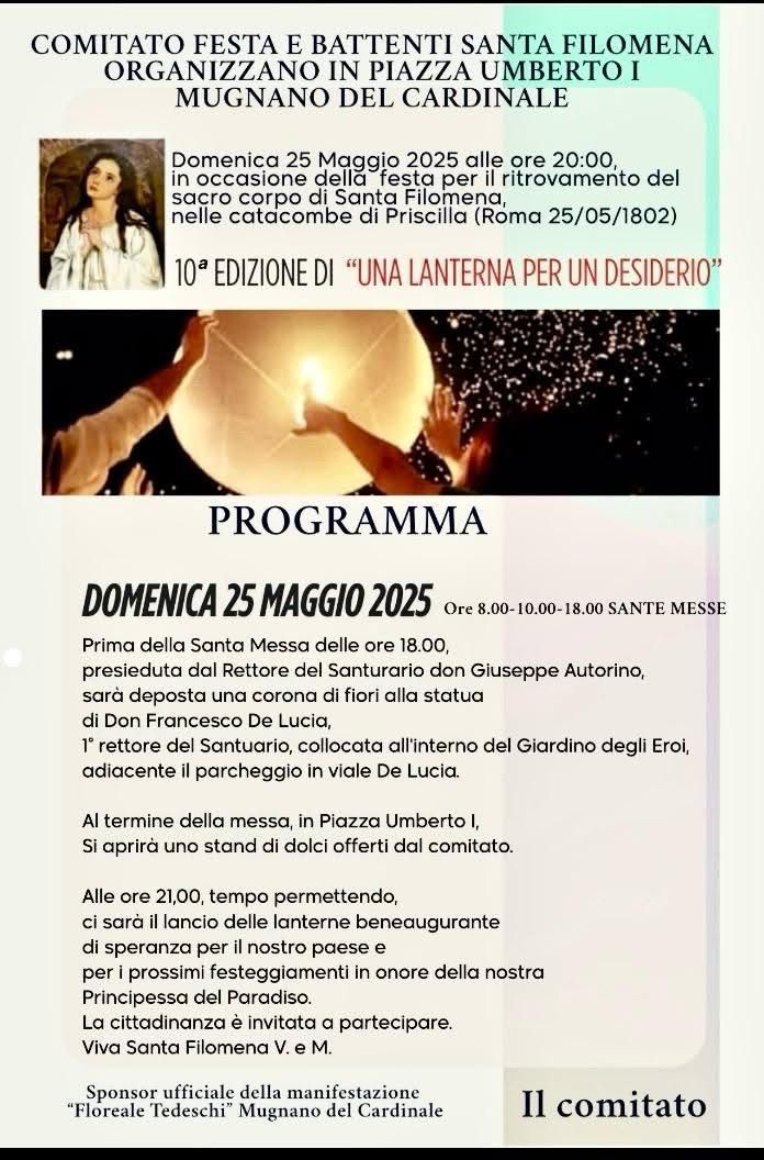 Santa Filomena, si celebra oggi a Mugnano del Cardinale il Ritrovamento del sacro corpo: fede, memoria e lanterne di speranza