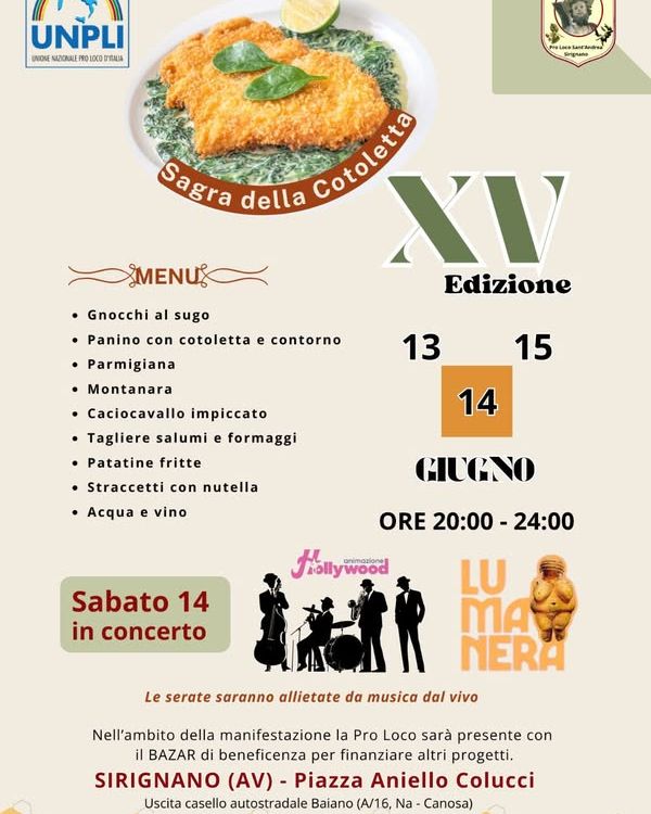 A Sirignano la XV Edizione della Sagra della Cotoletta: gusto, tradizione e musica dal 13 al 15 giugno