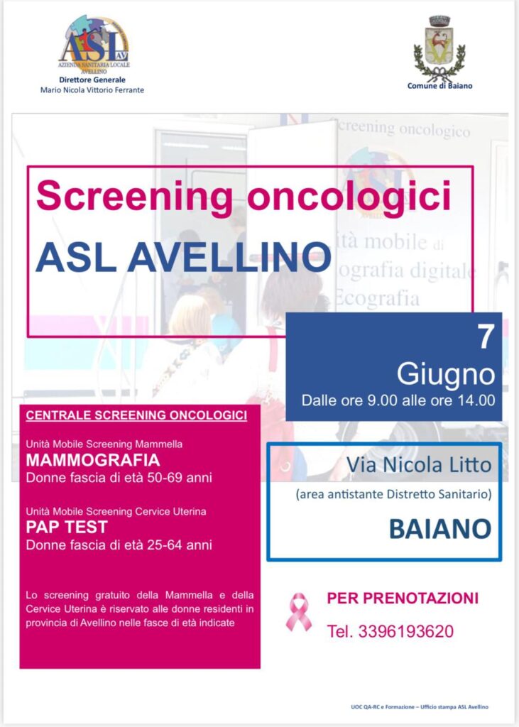 Screening Oncologici Gratuiti: Appuntamento a Baiano il 7 Giugno con lASL Avellino