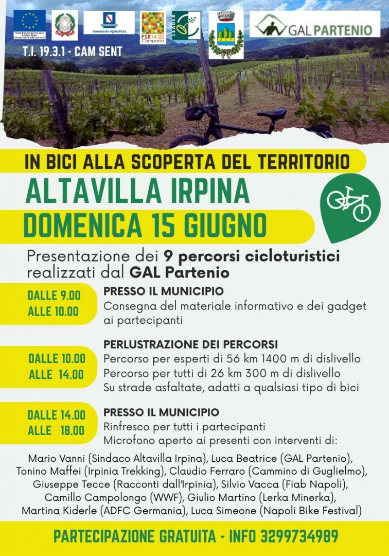 ALTAVILLA IRPINA – Domenica 15 giugno la presentazione ufficiale dei 9 percorsi cicloturistici del GAL Partenio, nell’ambito del progetto “Cammini e Sentieri d’Europa   Cam Sent”