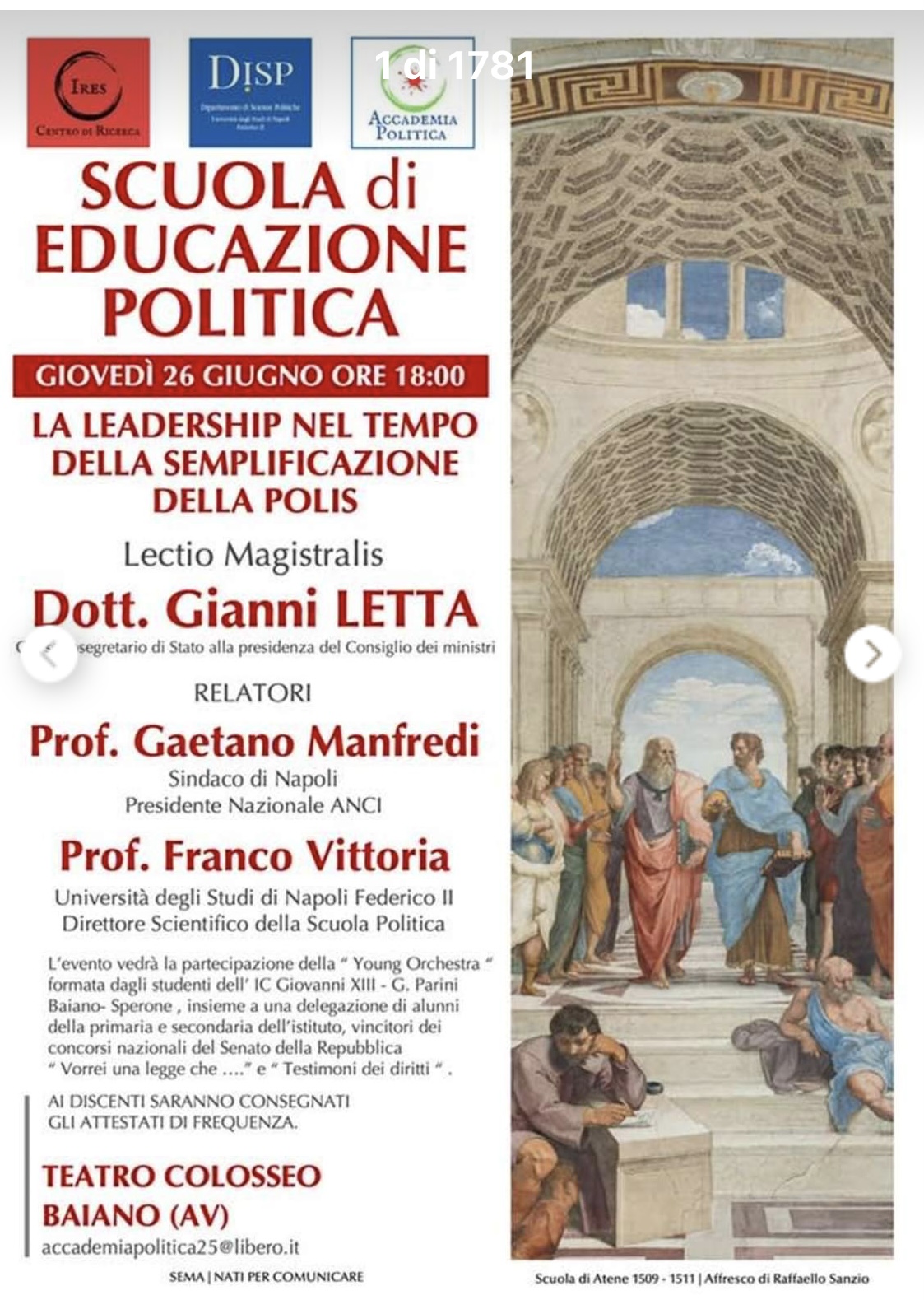 Leadership e semplificazione della Polis: a Baiano una lectio magistralis con Gianni Letta