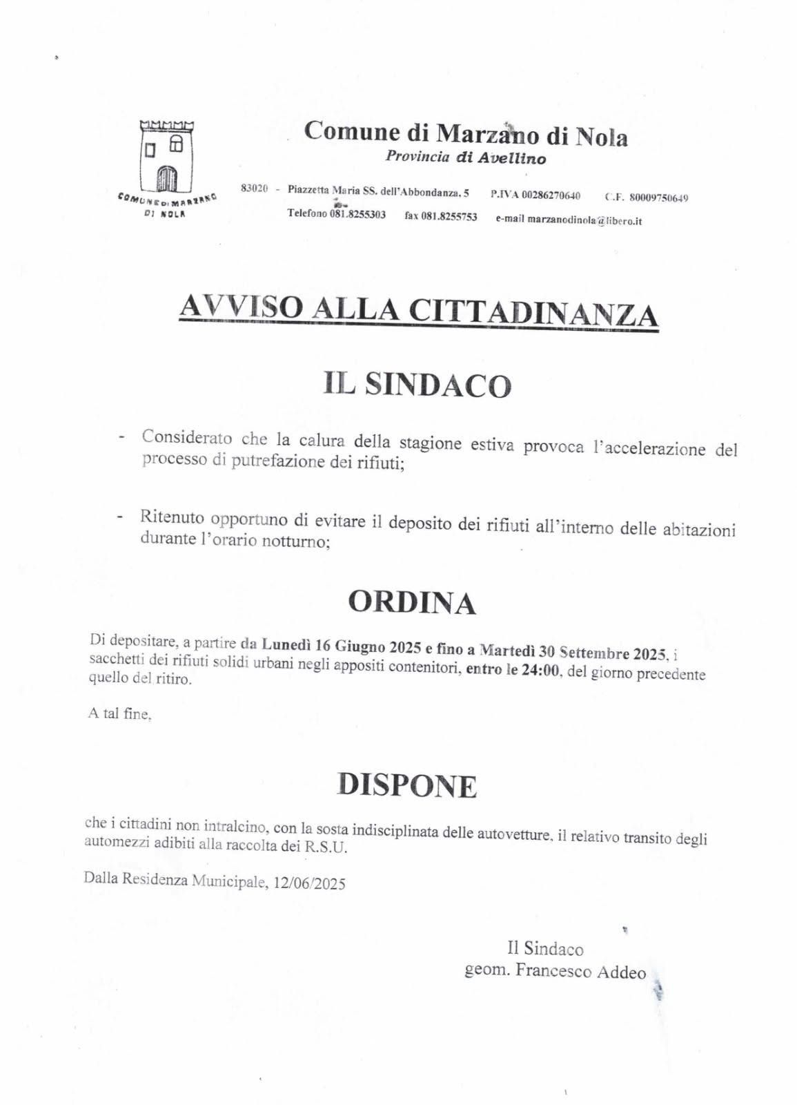 Marzano di Nola, nuovo orario per l’esposizione dei rifiuti: obbligo entro le 24 per l’estate