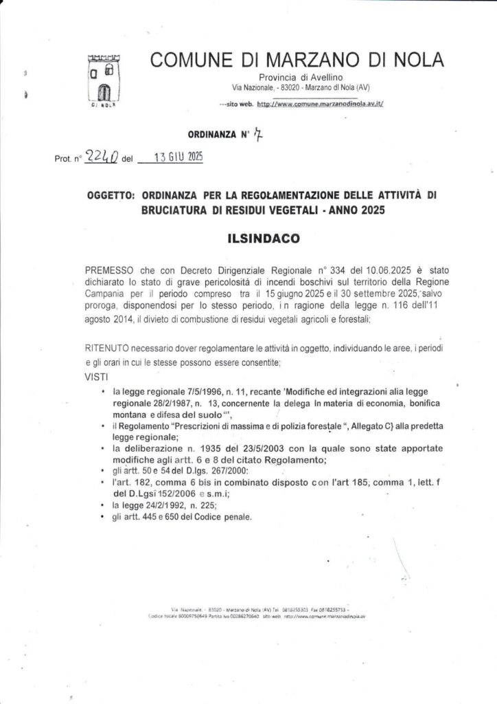 Estate 2025, scatta il divieto di bruciatura a Marzano di Nola: ordinanza valida dal 15 giugno al 30 settembre