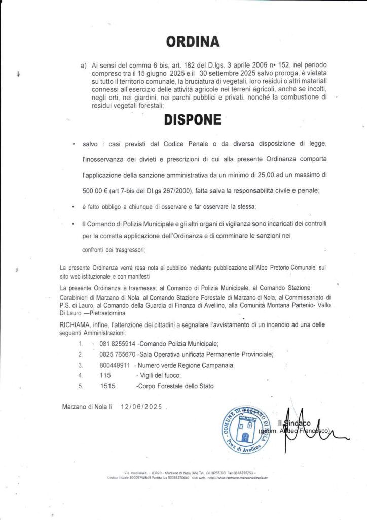 Estate 2025, scatta il divieto di bruciatura a Marzano di Nola: ordinanza valida dal 15 giugno al 30 settembre