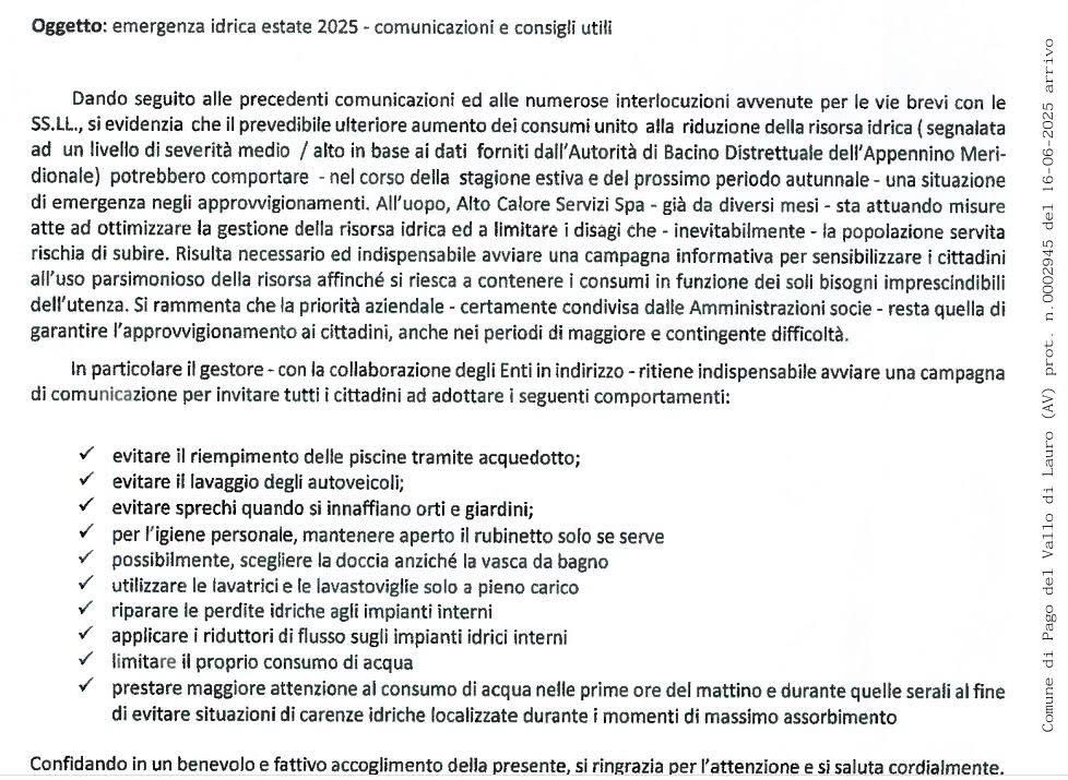 Emergenza idrica estate 2025 a Pago del Vallo di Lauro: il Comune invita i cittadini a un uso responsabile dell’acqua