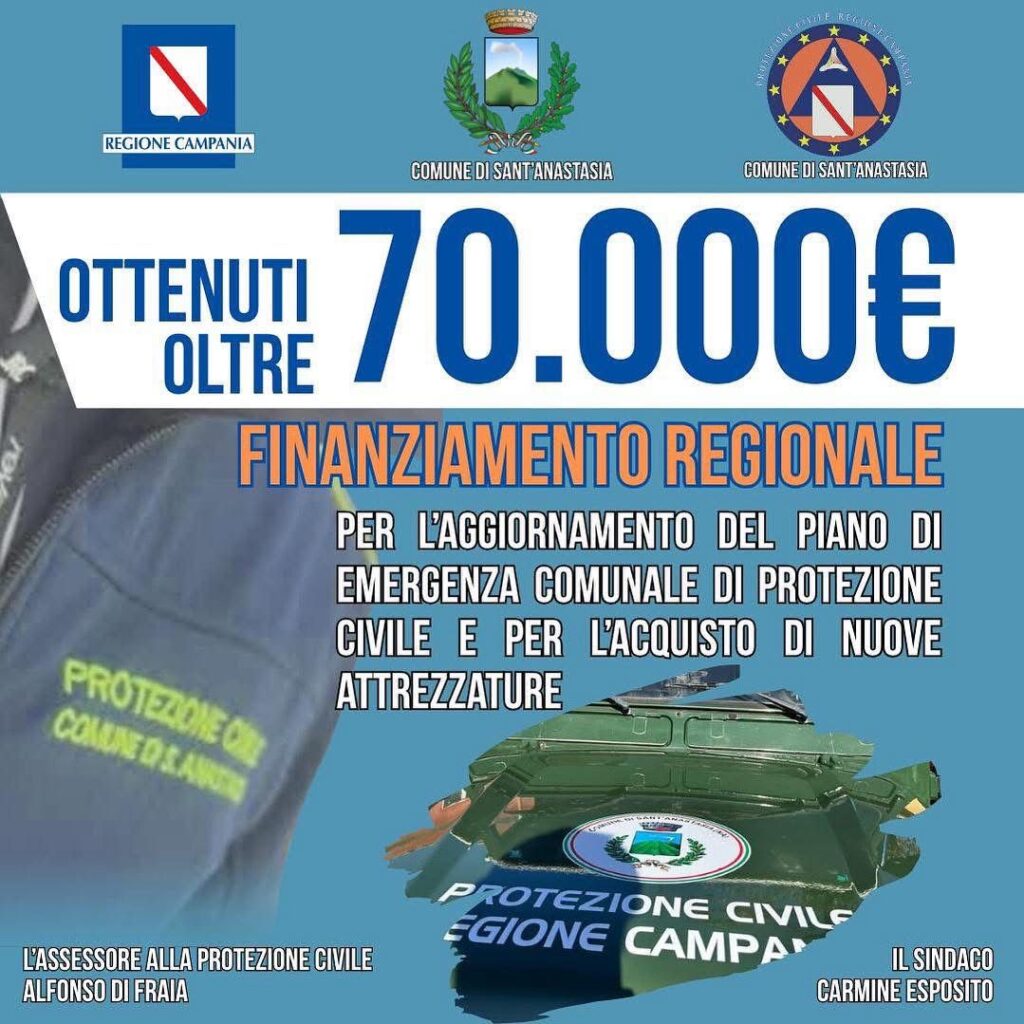 Protezione Civile, in arrivo oltre 70mila euro a Sant’Anastasia: dalla Regione fondi per nuovi mezzi e aggiornamento del Piano di emergenza