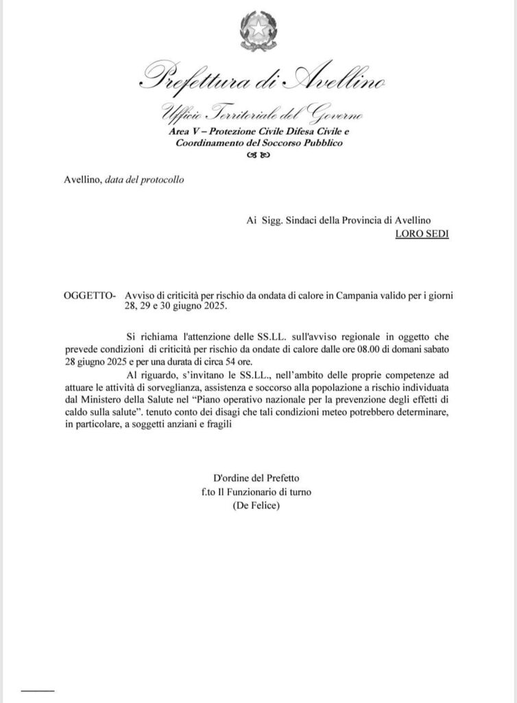 Emergenza Caldo: Avviso di Criticità per Ondata di Calore dal 28 al 30 Giugno in Provincia di Avellino