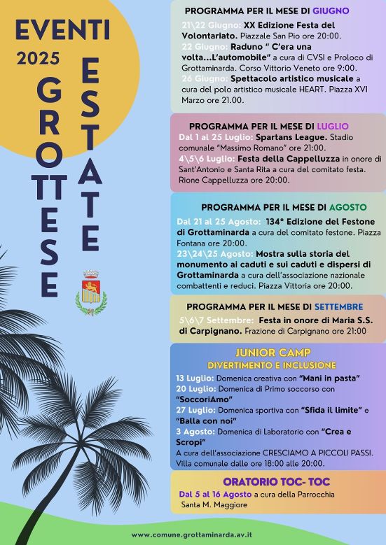 Stilato, con la collaborazione delle Associazioni, il programma dellEstate Grottese 2025, patrocinato e promosso dal Comune di Grottaminarda.