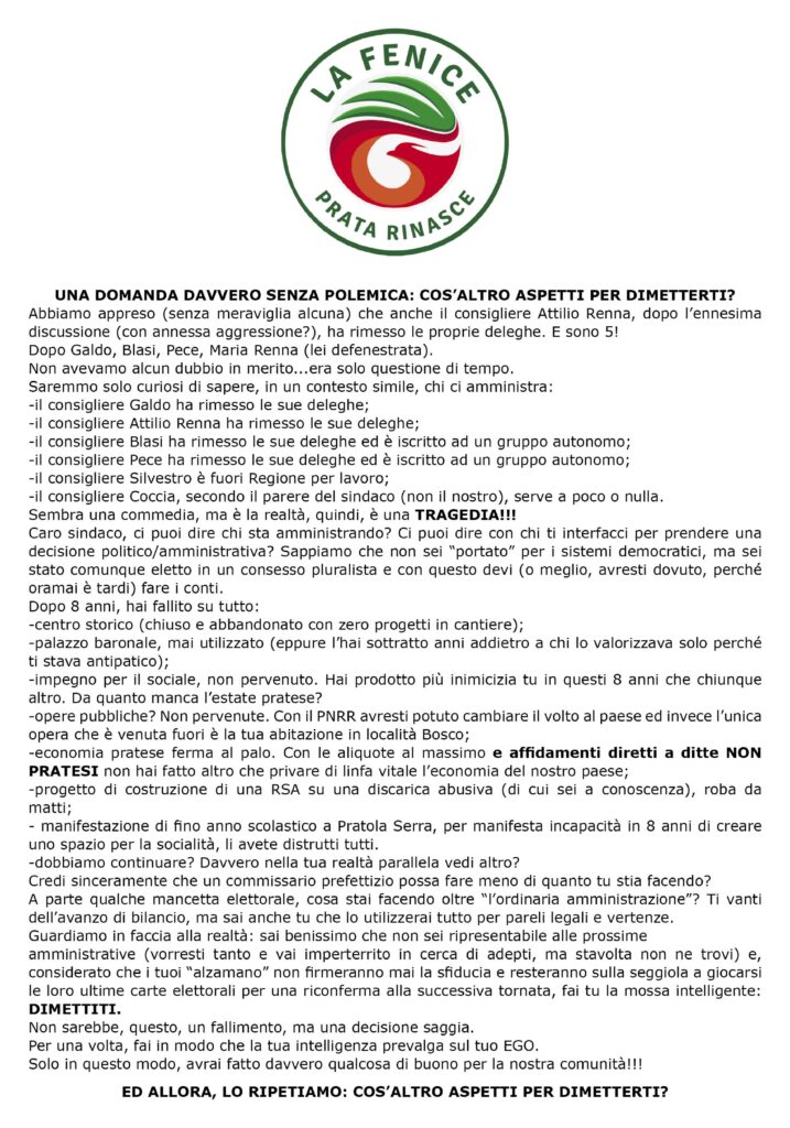 PRATA P. U. (AV). La lista civica di opposizione attacca la maggioranza: Cinque consiglieri fuori gioco, zero visione, paese fermo. E ora di restituire la parola ai cittadini.