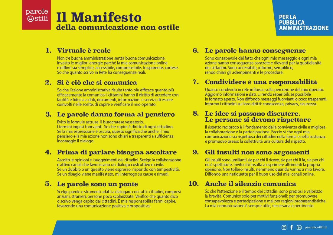 AVELLA. Il Comune aderisce al Manifesto della Comunicazione Non Ostile: parole che uniscono, non dividono