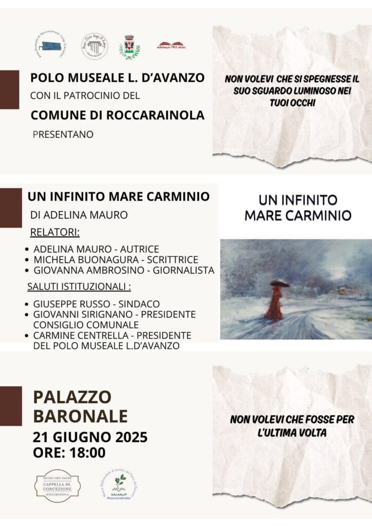 Roccarainola (NA): il 21 giugno la presentazione del libro “Un infinito mare carminio” di Adelina Mauro al Palazzo Baronale