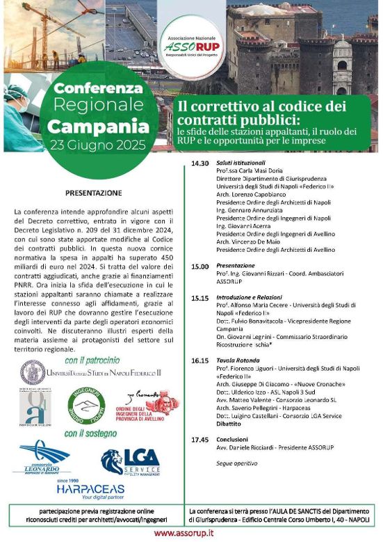 L’Ordine degli Architetti Irpini patrocina la Conferenza Regionale sul Codice dei Contratti: confronto a Napoli su appalti, PNRR e ruolo dei RUP