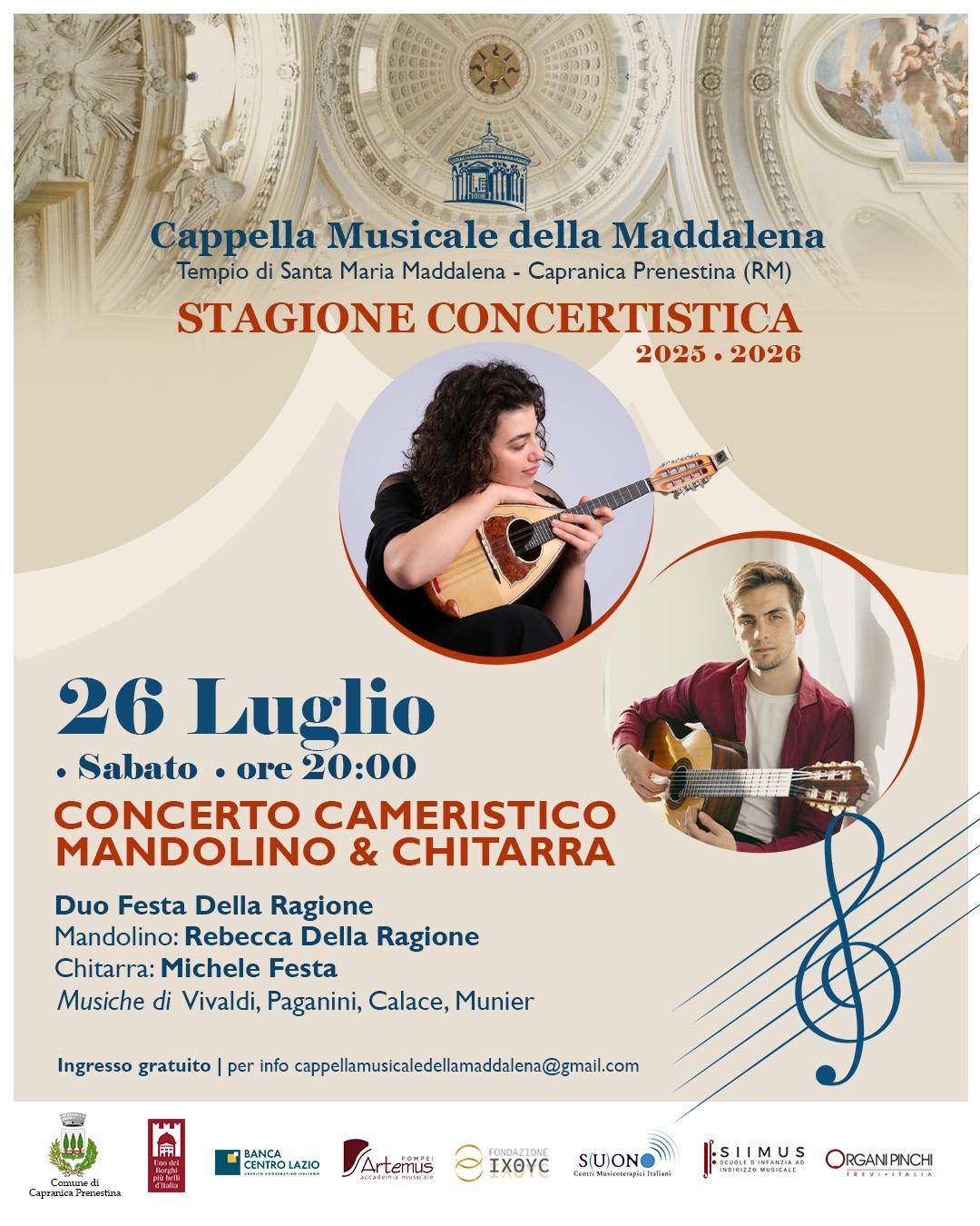 Stagione Concertistica Capranica Prenestina :” Concerto Cameristico il 26 Luglio presso il Tempio della Maddalena “