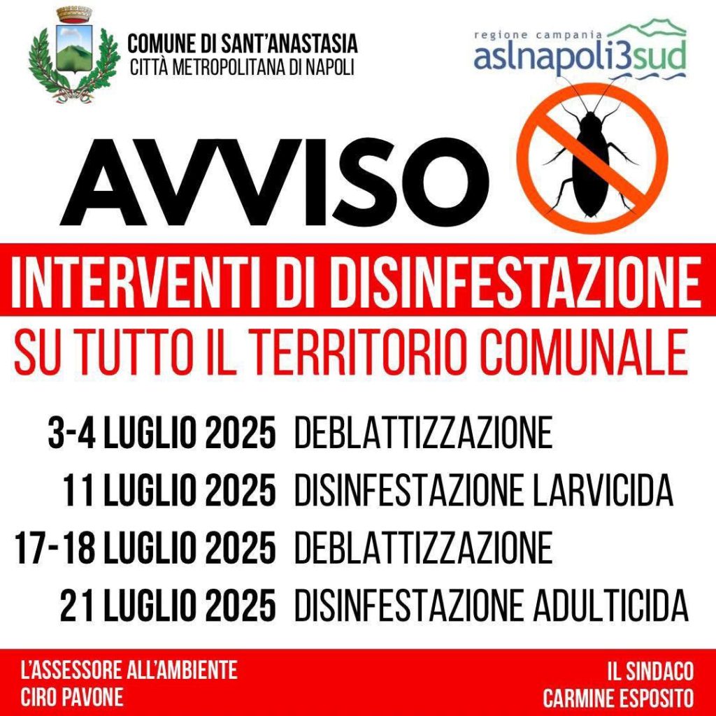 Sant’Anastasia, al via la disinfestazione: calendario completo degli interventi sul territorio