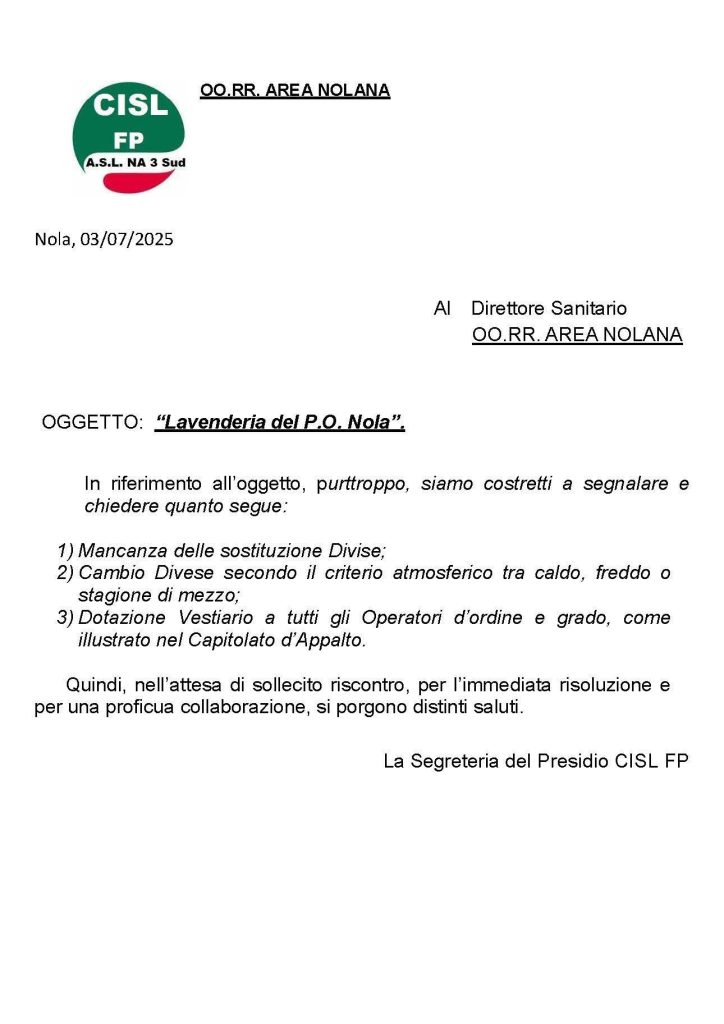 Nola, la CISL FP denuncia criticità nella gestione della lavanderia dell’ospedale: “Divise inadeguate, si intervenga subito”