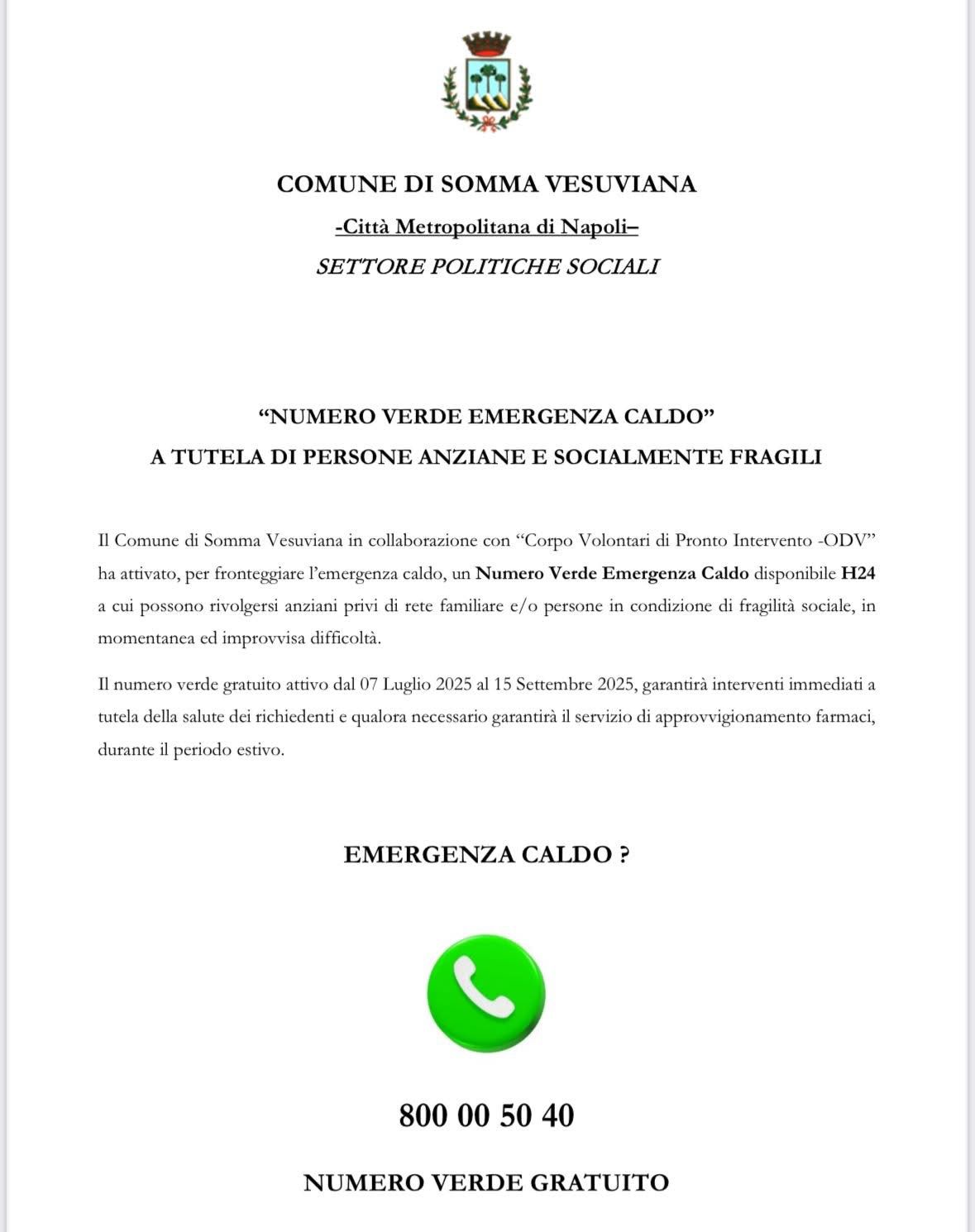 Emergenza caldo a Somma Vesuviana: attivato numero verde per anziani e persone fragili