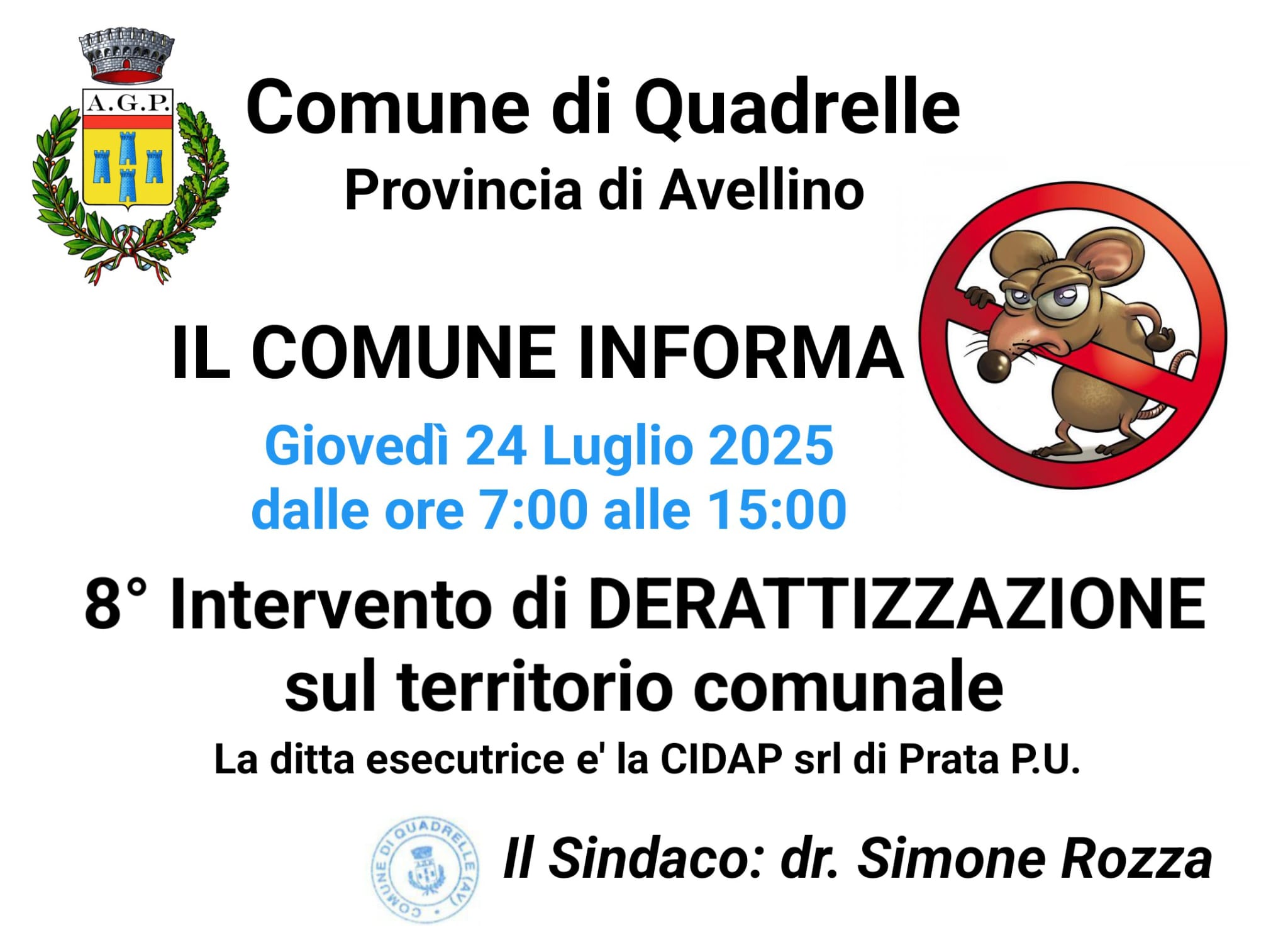 Quadrelle, nuovo intervento di derattizzazione: operazione prevista per giovedì 24 luglio