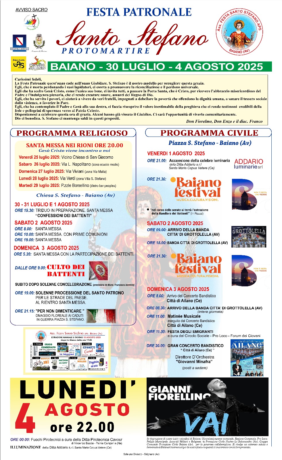 Baiano in festa per Santo Stefano Protomartire: fede, tradizione e spettacolo dal 30 luglio al 4 agosto 2025