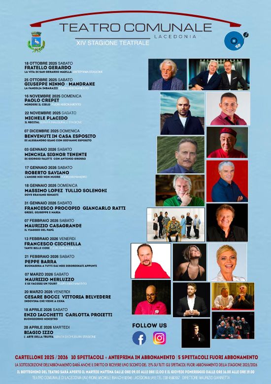 Presentata la XIV Stagione Teatrale del Teatro Comunale di Lacedonia: un cartellone ricco di emozioni e grandi nomi del panorama italiano