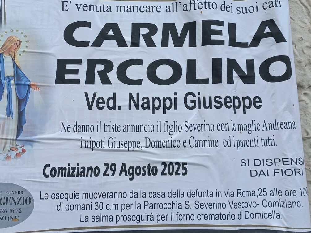 Lutto a Comiziano: è scomparsa la signora Carmela Ercolino, madre del sindaco