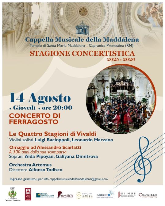 Capranica Prenestina, 14 agosto: omaggio a Scarlatti e Vivaldi nella Cappella Musicale della Maddalena