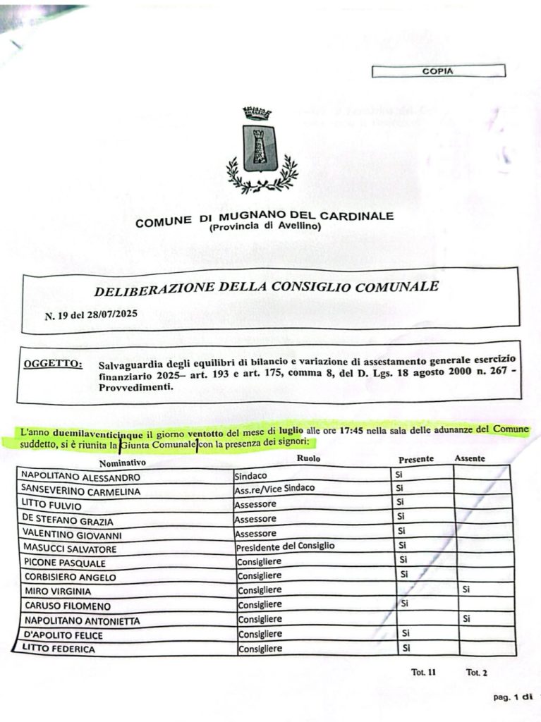 MUGNANO. IL GRUPPO NUOVA ALLEANZA POPOLARE CHIEDE L’ANNULLAMENTO DEL CONSIGLIO COMUNALE DEL 28 LUGLIO 2025