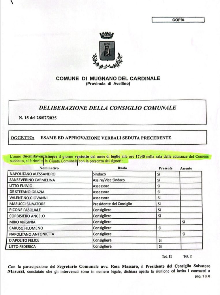 MUGNANO. IL GRUPPO NUOVA ALLEANZA POPOLARE CHIEDE L’ANNULLAMENTO DEL CONSIGLIO COMUNALE DEL 28 LUGLIO 2025